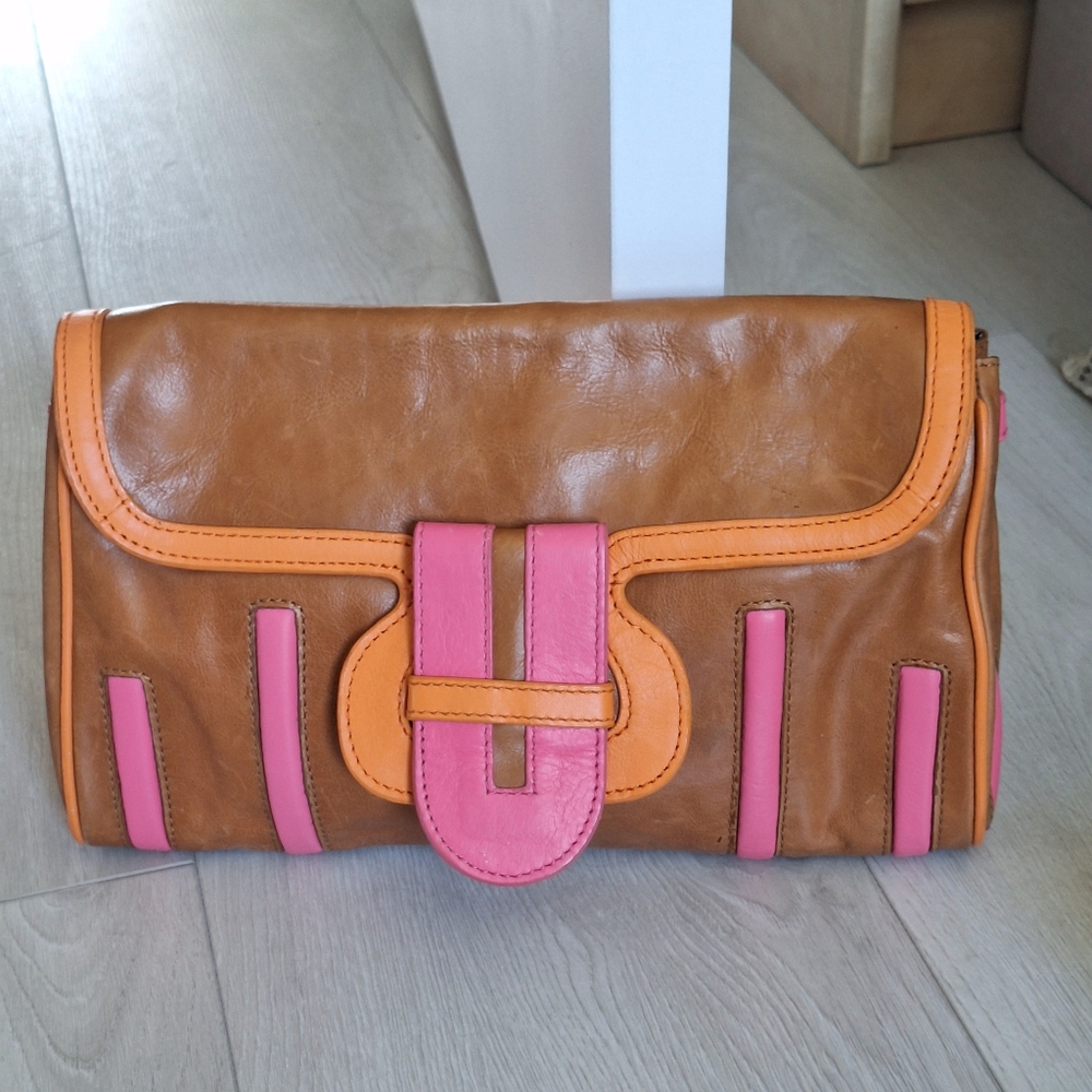 Kate Landry Tan Orange And Pink satin clutch/small purse EUC